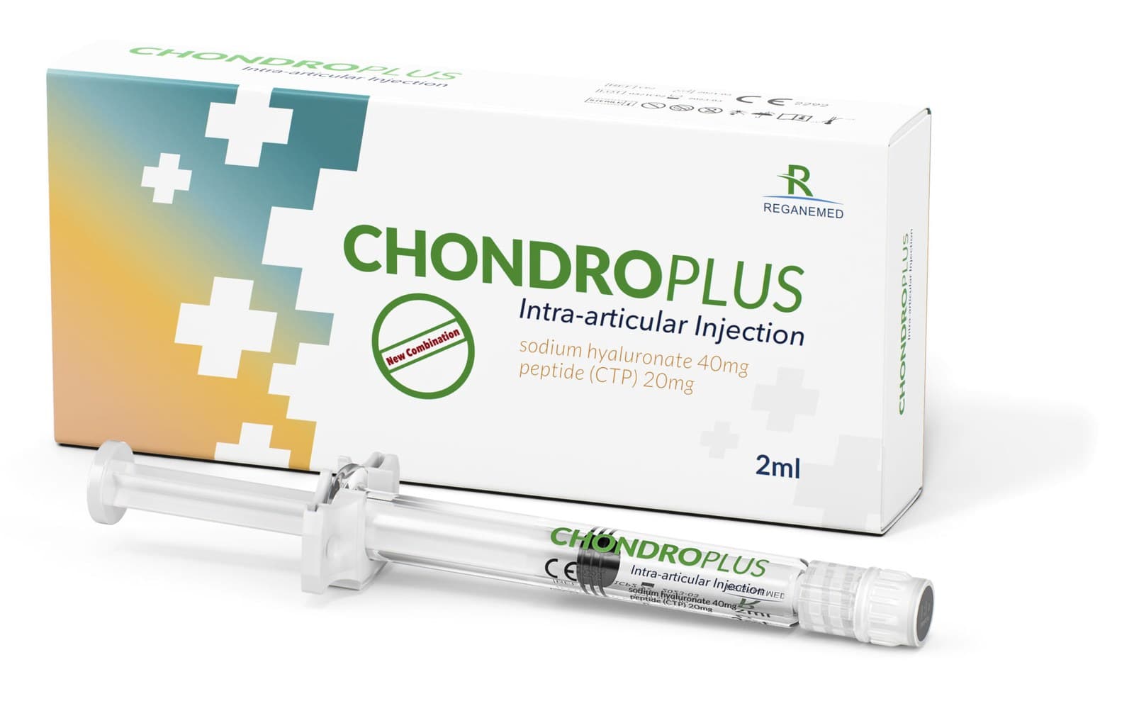 Chondroplus 2 ml prefilled syringe beside its carton, marked sodium hyaluronate 40 mg and peptide CTP 20 mg